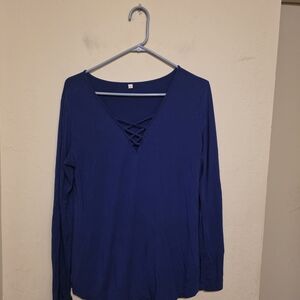 Women's Blue Knit V-Neck Criss Cross Long Sleeve Top Size L
